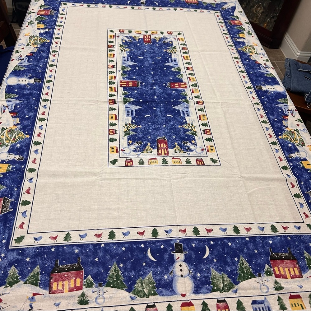 Nikko Linens by TerriSol Tablecloth 1999 Snowman Theme Cotton  70” X 52”- NWOT